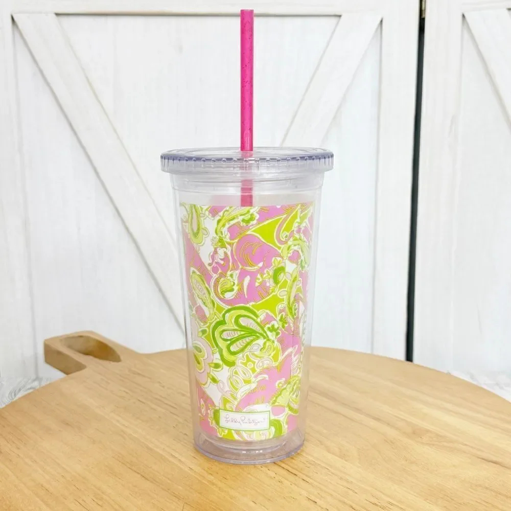 Lilly Pulitzer Elephants Acrylic Tumbler Cup Pink Green 20oz Lid Straw